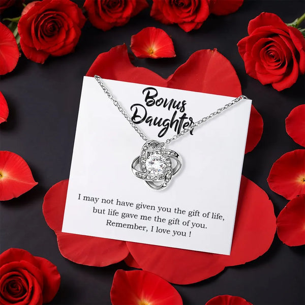 Sparkling CZ Pendant Necklace, Bonus Daughter Love Knot Necklace, White Gold Finish Jewelry, Heartfelt Stepdaughter Birthday,