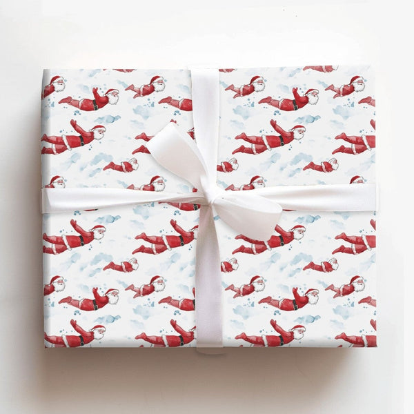 Watercolor Holiday Gift Wrap, Flying Santa Christmas Wrapping Paper, Whimsical Sky Santa Wrapping Paper, Secret Santa Xmas Pr