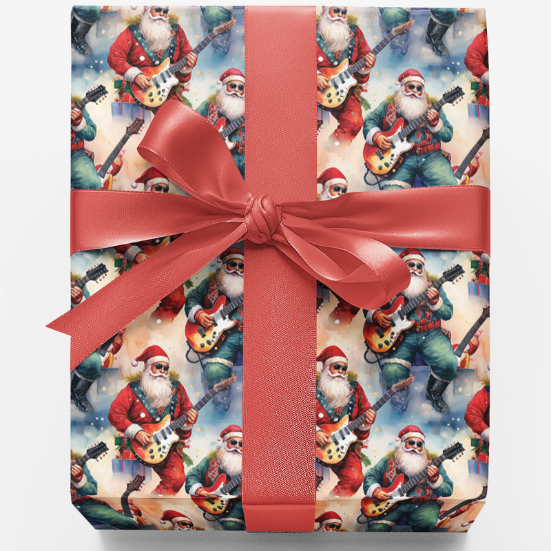 Electric Guitar Santa Gift Wrap, Rocking Santa Wrapping Paper, Rock and Roll Holiday Wrapping Paper, Musician Christmas Gift Wrap