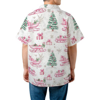 Festive Sleigh and Tree Shirt, Pink Christmas Hawaiian Shirt, Retro Holiday Tropical Aloha Shirt, Summer Button Up, Xmas Present for Men Women