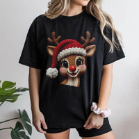 Red Nose Deer Faux Knit Holiday Tee, Reindeer Christmas T-Shirt, Adorable Festive Xmas Graphic Shirt, Holiday Season Family Outfit Present