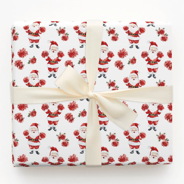 Pom Pom Santa Christmas Gift Wrap, Cheerleader Santa Wrapping Paper, Watercolor Whimsical Present Paper, Humorous Holiday Gif