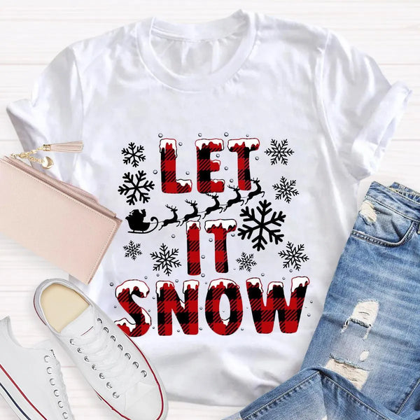 Red Plaid Teacher T-Shirt, Let It Snow Teacher Shirt, Christmas Teacher Tee, Festive Holiday Graphic T-Shirt, Winter Break Te