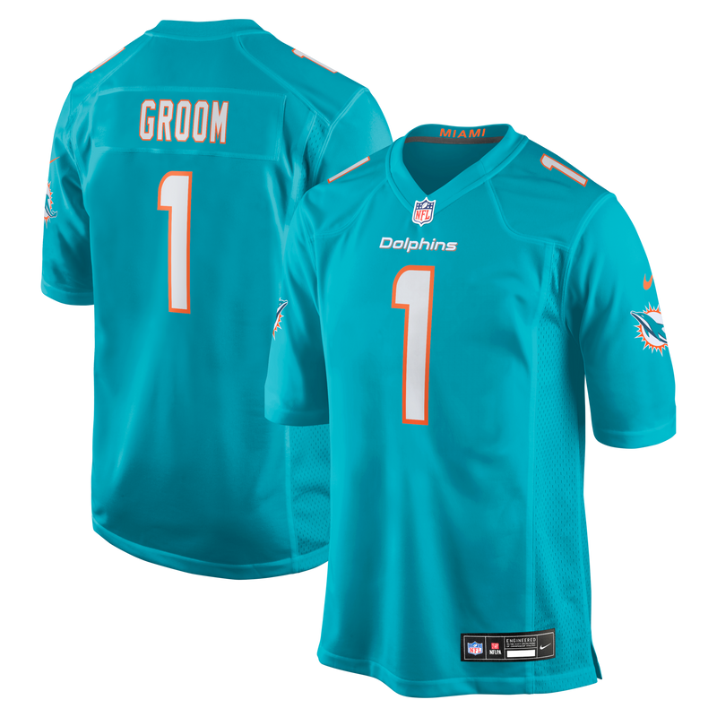 Miami Dolphins Number 1 Groom Aqua Game Jersey