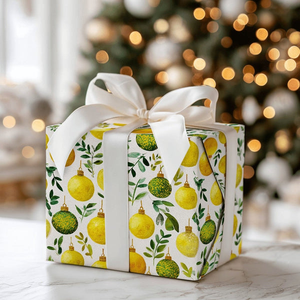 Watercolor Baubles Gift Wrap, Gold and Green Ornament Wrapping Paper, Elegant Christmas Wrapping Paper, Botanical Holiday Gif