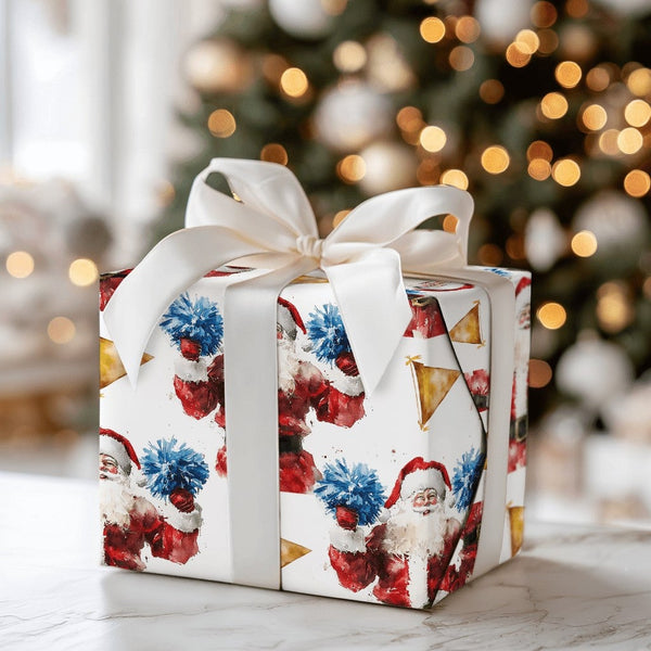 Watercolor Cheer Santa Gift Wrap, Cheerleader Santa Wrapping Paper, Blue Pom Pom Santa Christmas Paper, Adorable Whimsical Ho