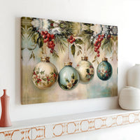 Victorian Holly Baubles Oil Painting, Christmas Ornaments Horizontal Canvas, Elegant Xmas Holiday Wall Decor, Winter Digital Download