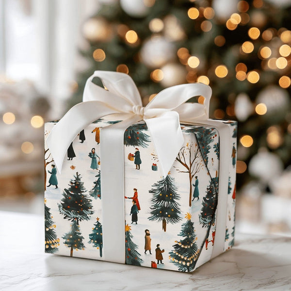 Winter Village Landscape Gift Wrap, Christmas Tree Farm Wrapping Paper, Painterly Holiday Wrapping Paper, Festive Market Gift