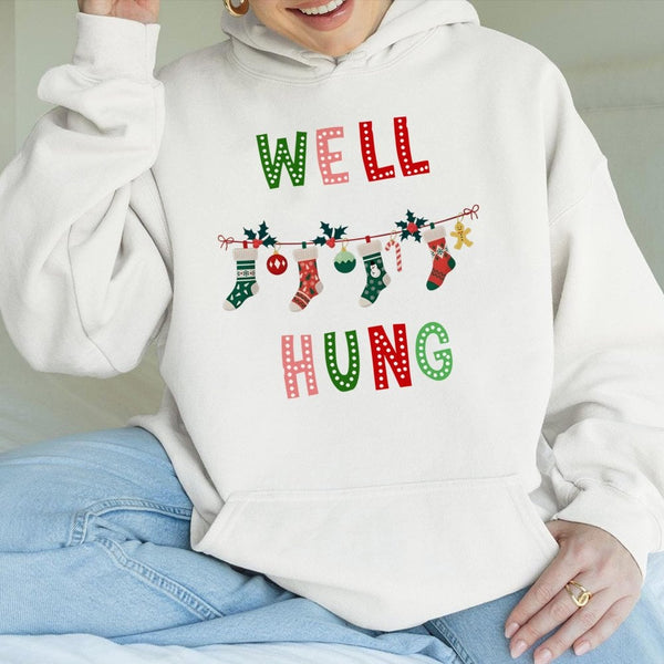Humorous Innuendo Holiday Hoodie, Well Hung Christmas Hoodie, Naughty Xmas Graphic Hoodie, Adult Humor Winter Sweatshirt, Nov