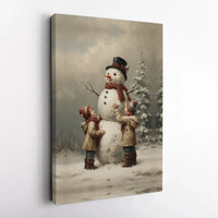 Children Building Snowman Winter Canvas, Vintage Snowman Canvas Wall Art Print, Christmas Holiday Canvas Poster, Digital Download