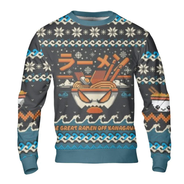 Japanese Food Aesthetic Ugly Christmas Sweater, Ramen Great Wave Pixel Art Sweatshirt, Retro Foodie Holiday Pullover, Asian C
