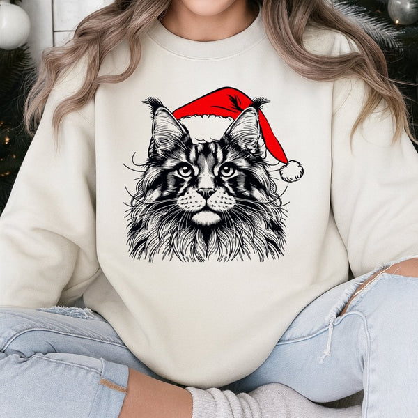 Santa Hat Cat Holiday Crewneck, Maine Coon Christmas Sweatshirt, Festive Adorable Kitten Pullover, Comfy Xmas Sweater for Cat