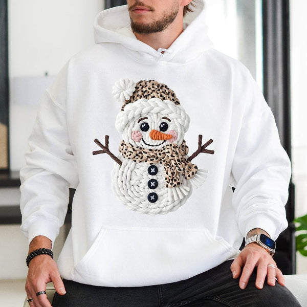 Faux Yarn Knitted Christmas Sweatshirt, Leopard Print Snowman Hoodie, Winter Snowman Graphic Hoodie, Adorable Holiday Snowman