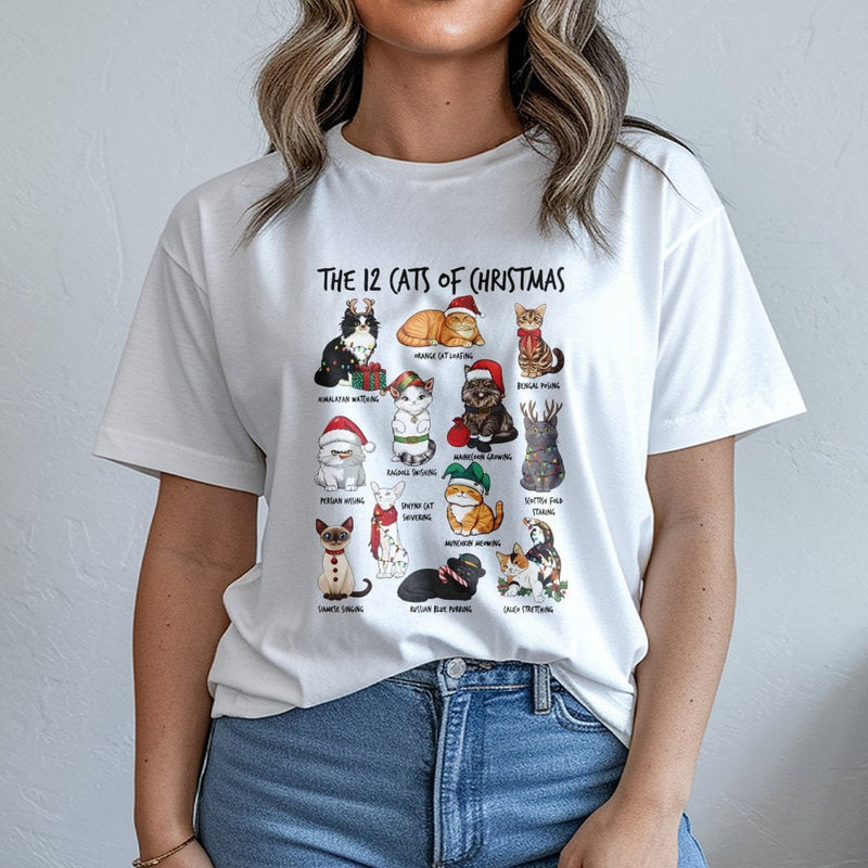 Festive Feline Holiday Graphic Tee, 12 Cats of Christmas T-Shirt, Humorous Kitten Xmas Shirt, Adorable Cat Lover Winter Graphic Top