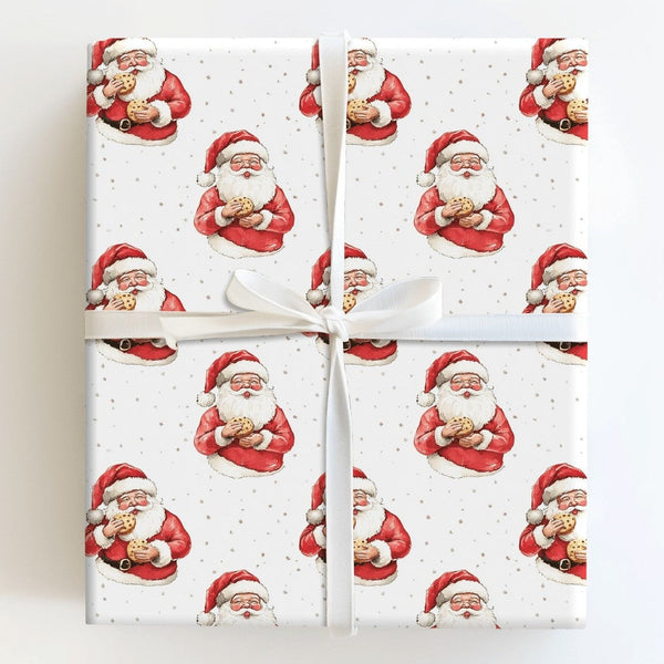 Watercolor Santa Claus Gift Wrap, Santa Eating Cookie Wrapping Paper, Holiday Cookies Christmas Paper, Secret Santa Present W