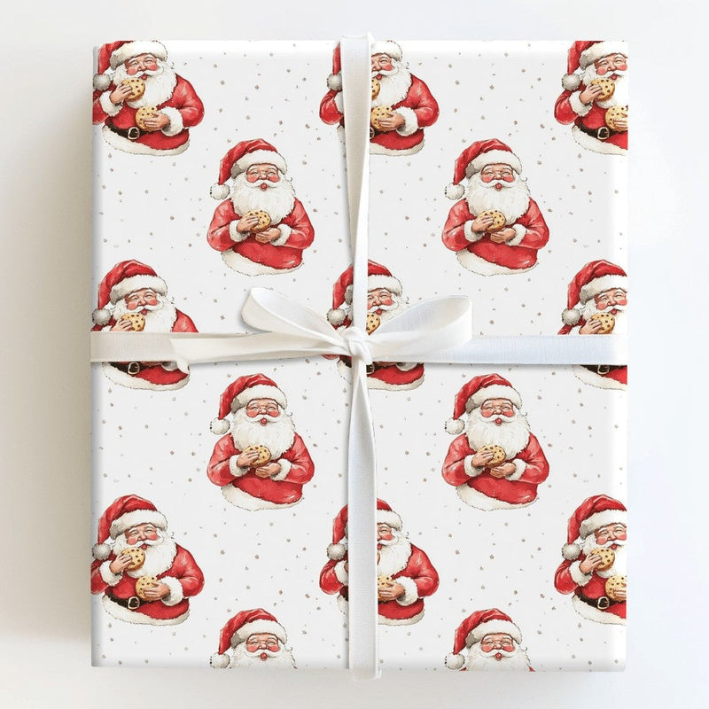 Watercolor Santa Claus Gift Wrap, Santa Eating Cookie Wrapping Paper, Holiday Cookies Christmas Paper, Secret Santa Present Wrapping Roll