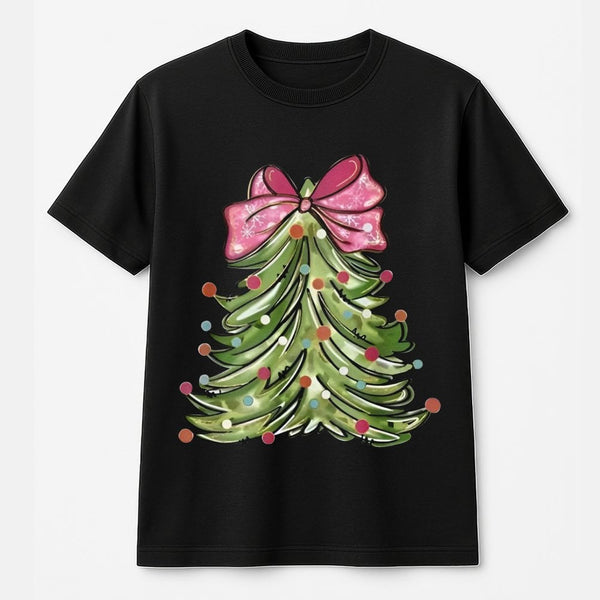 Retro Christmas Tree Shirt, Pink Bow Christmas Tree T-Shirt, Adorable Coquette Holiday Tee, Festive Tree Graphic T-Shirt, Xma