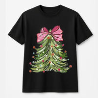 Retro Christmas Tree Shirt, Pink Bow Christmas Tree T-Shirt, Adorable Coquette Holiday Tee, Festive Tree Graphic T-Shirt, Xmas Present for Women