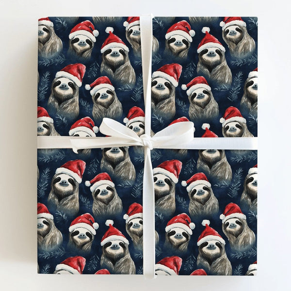 Santa Hat Animal Holiday Gift Wrap, Christmas Sloth Wrapping Paper, Whimsical Navy Winter Wrapping Paper, Festive Present Wra