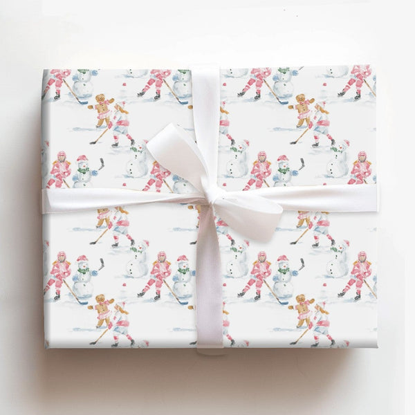 Gingerbread Holiday Gift Wrap, Pink Hockey Girls Snowman Wrapping Paper, Winter Sports Paper, Christmas Present Wrapping Pape
