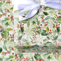 Botanical Christmas Gift Wrap, Watercolor Holly Wrapping Paper, Red Berry Holiday Wrapping Paper, Elegant Winter Plant Gift Wrap Roll