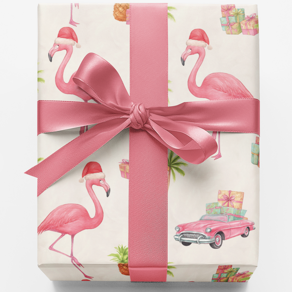 Flamingo Palm Tree Holiday Gift Wrap, Tropical Christmas Wrapping Paper, Coastal Beachy Present Paper, Festive Summer Xmas Gi