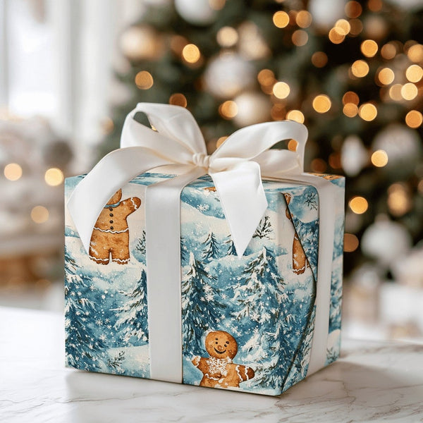 Snowy Forest Holiday Gift Wrap, Gingerbread Man Christmas Wrapping Paper, Adorable Winter Cookie Wrapping Paper
