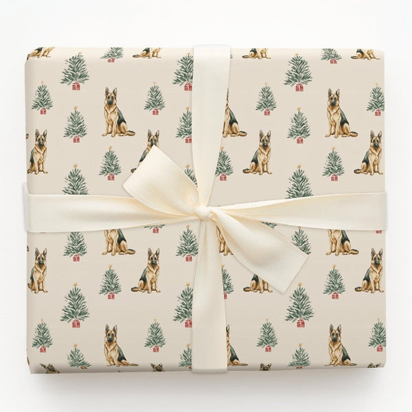 Festive Dog Holiday Gift Wrap, German Shepherd Christmas Wrapping Paper, Christmas Tree Puppy Wrapping Paper, Pet Lover Gift 