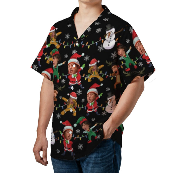 Dabbing Santa Elf Reindeer Aloha Shirt, Custom Face Christmas Hawaiian Shirt, Humorous Holiday Button Down Shirt, Family Part