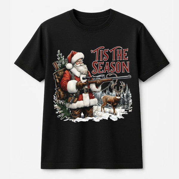 Humorous Deer Hunter Christmas T-Shirt, Tis the Season Santa Hunting Shirt, Outdoorsman Graphic Tee, Retro Santa Hunter Holid