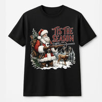 Humorous Deer Hunter Christmas T-Shirt, Tis the Season Santa Hunting Shirt, Outdoorsman Graphic Tee, Retro Santa Hunter Holiday Shirt