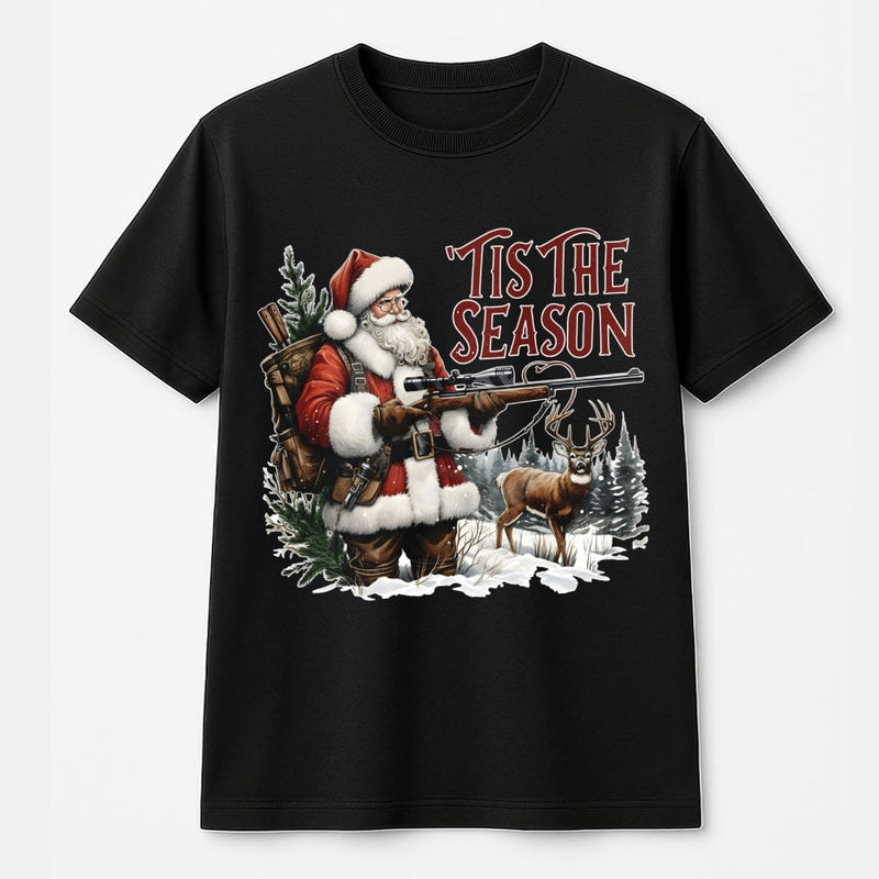 Humorous Deer Hunter Christmas T-Shirt, Tis the Season Santa Hunting Shirt, Outdoorsman Graphic Tee, Retro Santa Hunter Holiday Shirt