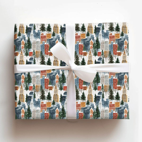 Snowy Urban Skyline Gift Wrap, Winter Cityscape Christmas Wrapping Paper, Watercolor City Holiday Wrapping Paper