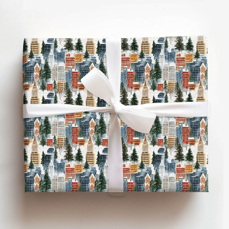 Snowy Urban Skyline Gift Wrap, Winter Cityscape Christmas Wrapping Paper, Watercolor City Holiday Wrapping Paper