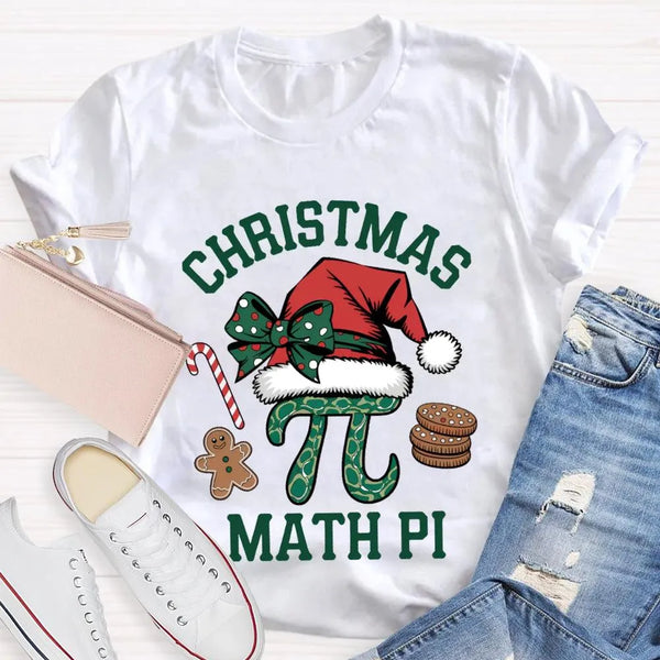 Humorous Math Teacher Holiday Shirt, Pi Symbol Santa Hat Christmas T-Shirt, Christmas STEM Graphic Tee, Math Lover Xmas Tee, 