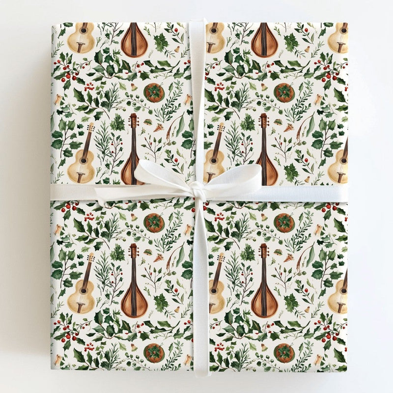 Musical Instrument Holiday Gift Wrap Roll, Watercolor Guitar Wrapping Paper, Vintage Lute Christmas Wrapping Paper, Music Lover Gift Wrap