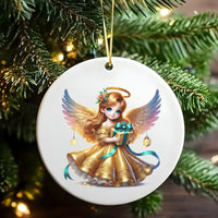 Gold Dress Guardian Angel Ornament, Christmas Angel Ornament, Whimsical Holiday Tree Decor, Ceramic Religious Keepsake, Faith Xmas Present