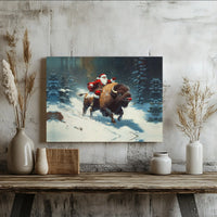 Whimsical Snowy Forest Christmas Canvas Print, Santa Riding Bison Canvas Wall Art, Holiday Buffalo Canvas Decor, Winter Holiday Canvas Art
