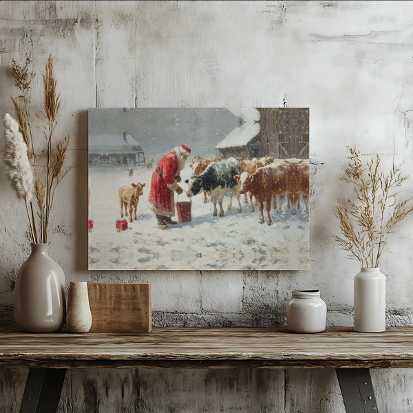 Snowy Farm Christmas Canvas Art, Santa Feeding Cows Canvas Print, Rustic Holiday Wall Decor, Winter Farmhouse Canvas, Country