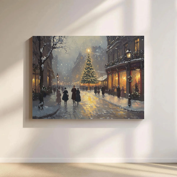 Snowy European City Wall Art, Victorian Christmas Street Scene Canvas, Festive Winter Oil Painting Print, Holiday Christmas T
