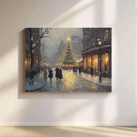 Snowy European City Wall Art, Victorian Christmas Street Scene Canvas, Festive Winter Oil Painting Print, Holiday Christmas Tree Canvas Art