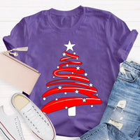 Festive Holiday Season Graphic Tee, Red Christmas Tree Stars Graphic Shirt, Merry Christmas Tree T-Shirt, Winter Holiday Party Apparel