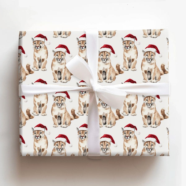 Santa Hat Mountain Lion Gift Wrap, Cougar Christmas Wrapping Paper, Holiday Wildlife Present Paper, Winter Big Cat Christmas 
