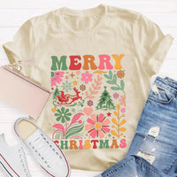 Colorful Flowers Holiday Trees Tee, Christmas Floral Tree Shirt, Botanical Xmas Graphic T-Shirt, Festive Winter Holiday Apparel