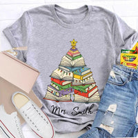 Personalized Holiday Shirt, Custom Christmas Trees and Books T-Shirt, Comfy Book Lover Xmas Graphic Tee, Custom Name Christmas Present Tee