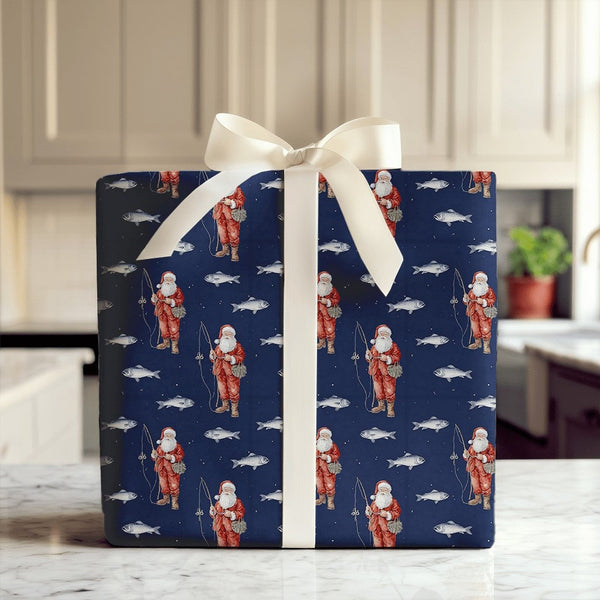 Navy Blue Fisherman Santa Gift Wrap, Fishing Santa Wrapping Paper, Angler Dad Christmas Present Paper, Outdoor Xmas Gift Wrap