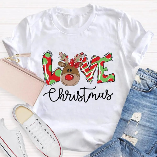 Festive Holiday Love Graphic Tee, Christmas Polka Dot Love Letters Shirt, Adorable Xmas Typography T-Shirt, Womens Christmas 