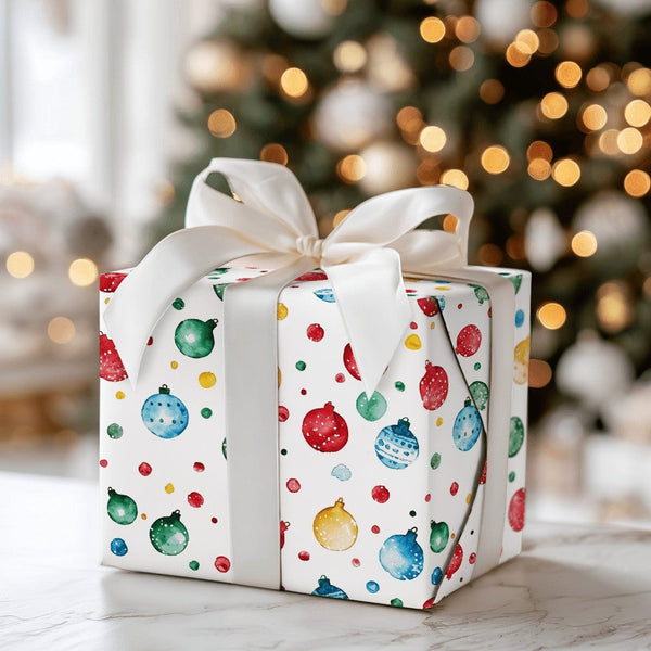 Festive Holiday Baubles Gift Wrap, Watercolor Christmas Ornament Wrapping Paper, Colorful Xmas Wrapping Paper, Winter Present