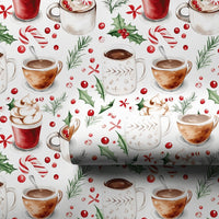 Watercolor Mug Candy Cane Gift Wrap, Hot Cocoa Christmas Wrapping Paper, Comfy Winter Holiday Wrapping Paper, Festive Gift Wrap Roll