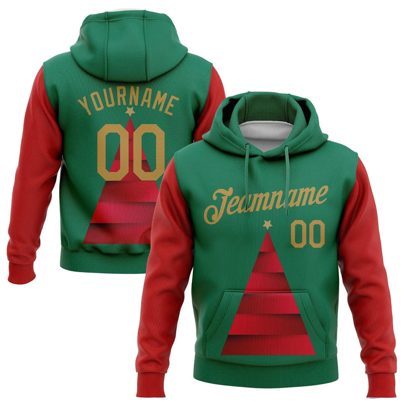 Personalized Name and Number Holiday Pullover Hoodie, Custom Christmas Tree Hoodie, Kelly Green Sports Hoodie, Winter Game Day Sweatshirt